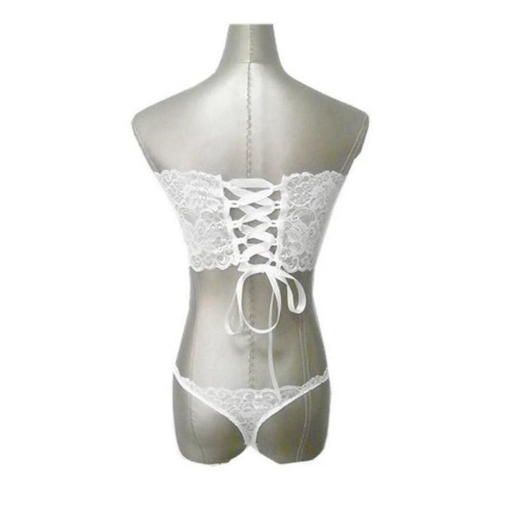 White Lace Criss Cross Back Bandeau Bralette Set - Picture 3 of 5